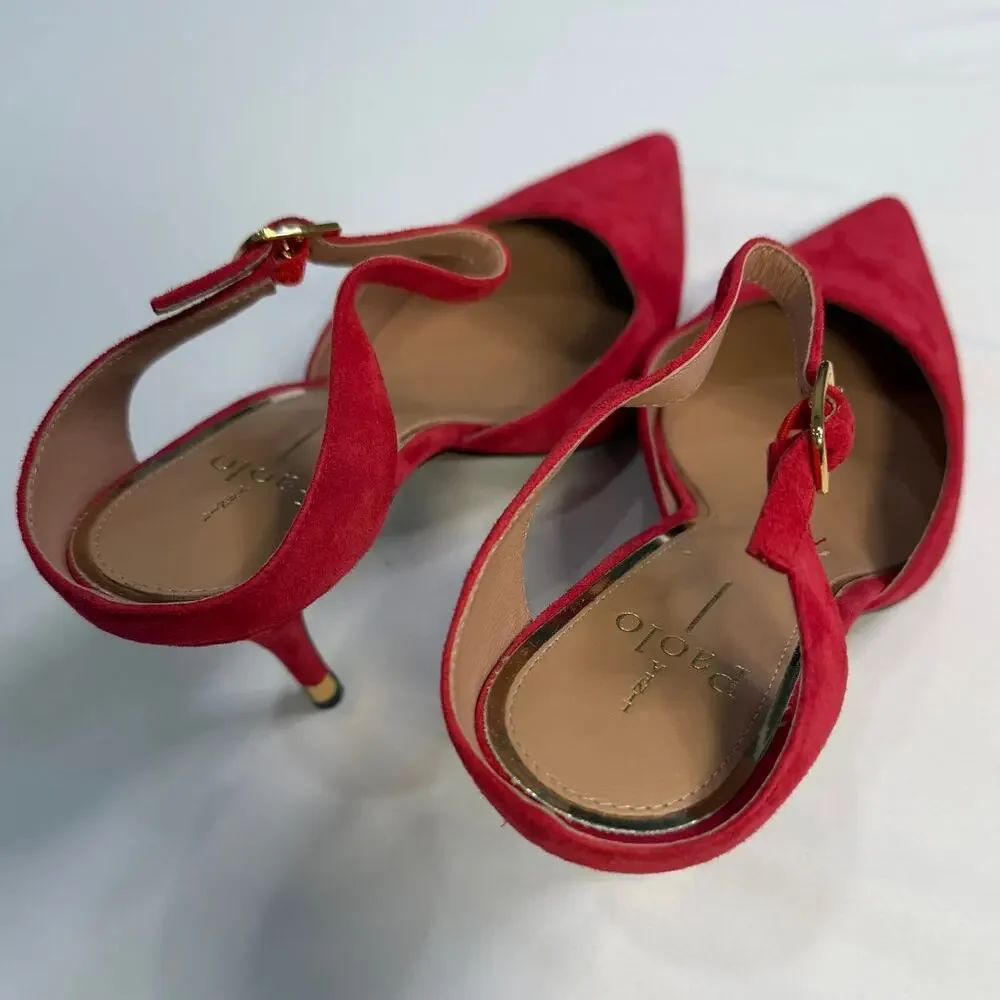 Linea Paolo Red Suede Heels Womens 9 Pointed Toe Ankle Strap Pumps Stiletto